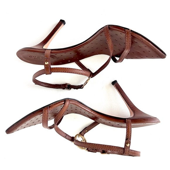 GUCCI | GG Logo Brown Leather Strappy Heels Sandals Size 7.5 - Picture 2 of 16